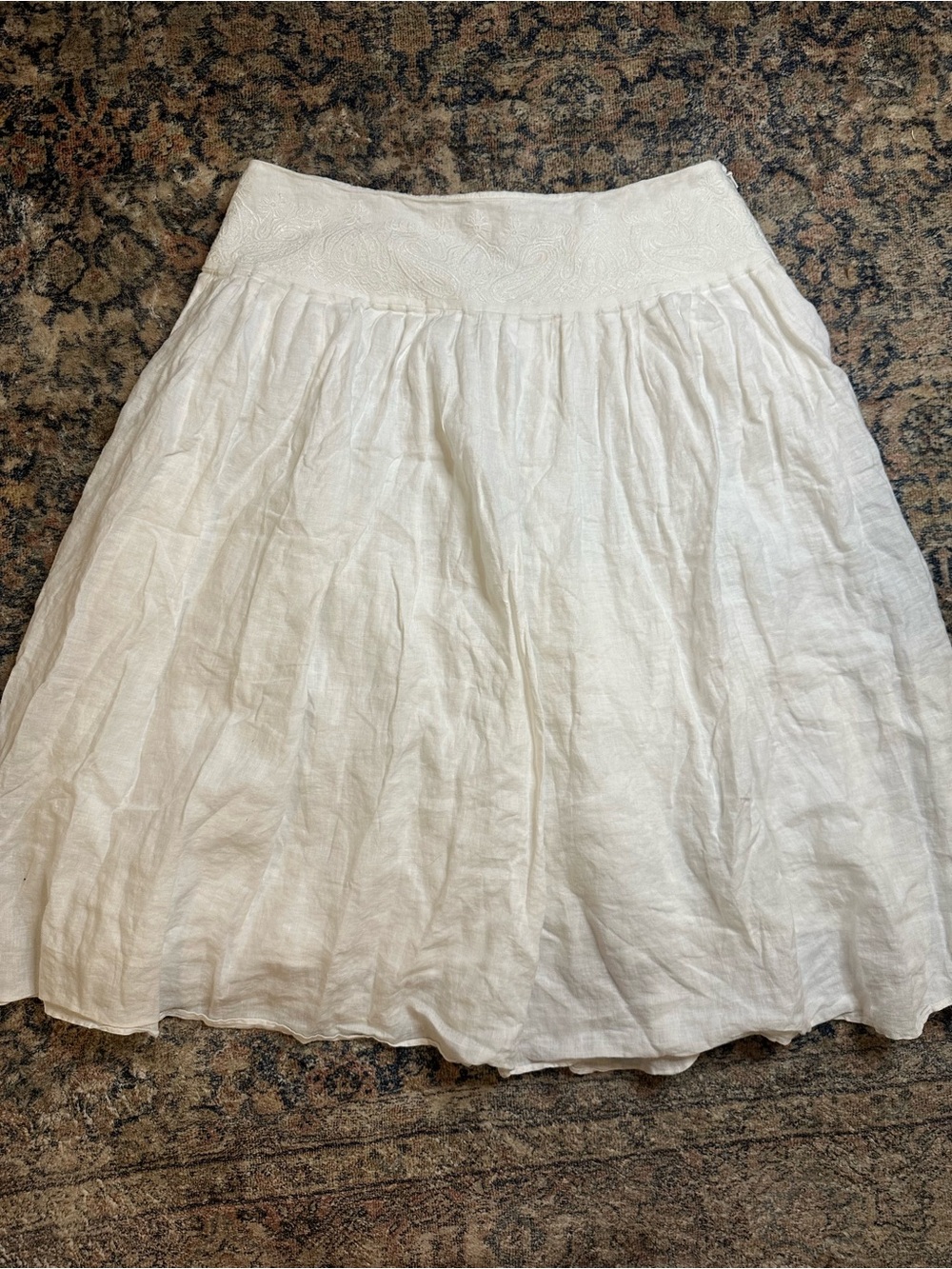 Lauren Ralph Lauren White Linen Midi Skirt with Embroidered Waistband
